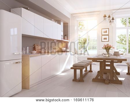 3D rendering of modern kitchen in a loft.