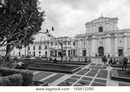 popayan, colombia - November, 27th, 2015 - main square in white city popayan colombia south america