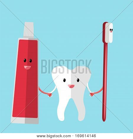 Healthy cute cartoon tooth character making a thumb up gesture while smiling happily and holding a dental tooth brush with tooth paste
