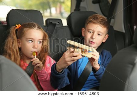 Cute children in car on backseat