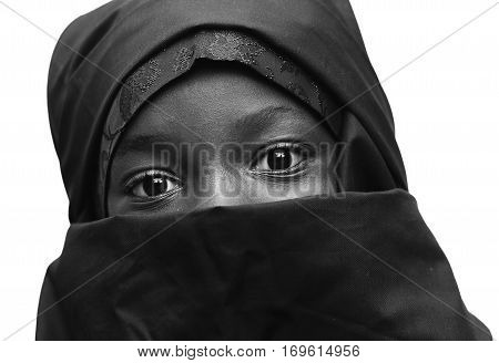 Black and White African Arab Muslim School Girl with big Eyes
