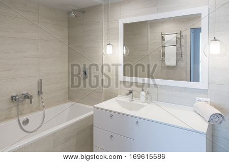 bathroom Interior. bathroom mirror with a Stand Mirror table