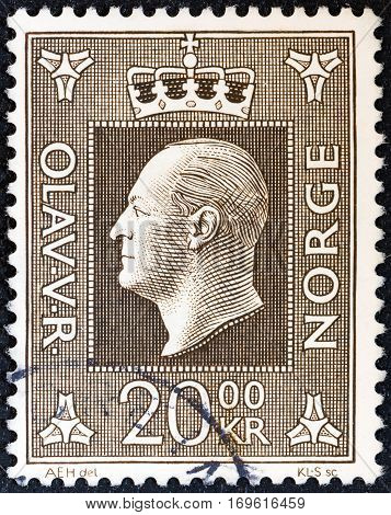 NORWAY - CIRCA 1969: A stamp printed in Norway shows King Olav V, circa 1969.