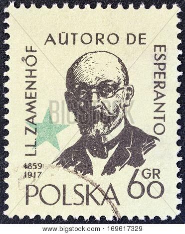 POLAND - CIRCA 1959: A stamp printed in Poland issued for the International Esperanto Congress, Warsaw and birth centenary of Dr. L. Zamenhof shows inventor of Esperanto Ludwig Zamenhof, circa 1959.
