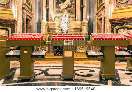 Turin Italy - January 2 2016: Interior of Santuario della Consolata in Turin Italy. It is a prominent Marian sanctuary and minor basilica in central Turin Piedmont Italy.