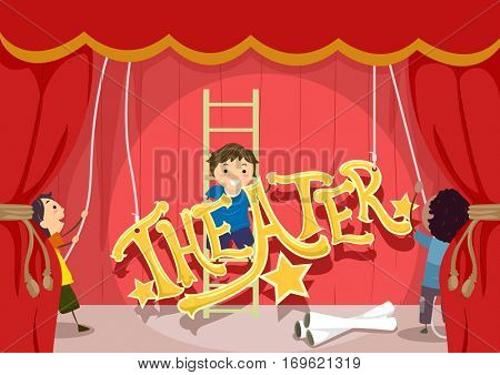 Stickman Illustration Featuring Preschool Kids Setting Up the Stage for a Theatrical Performance