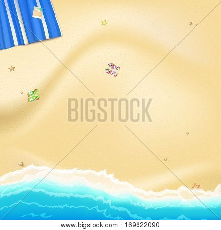 Coast of sea, ocean with yellow, Golden sand scattered along the shore rocks and sea stars. Blue beach Mat with photo and rubber Slippers. Surf, top view, background for summer greetings cards