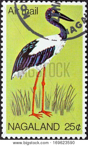 NAGALAND STATE - CIRCA 1969: A stamp printed in India shows a Black-necked Stork (Ephippiorhynchus asiaticus), circa 1969.