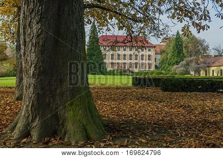 Autumn view of the baroque chateau Libochovice/Czech Republic