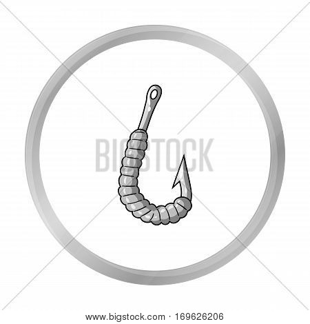 Worm on a hook icon in monochrome design isolated on white background. Fishing symbol stock vector illustration.