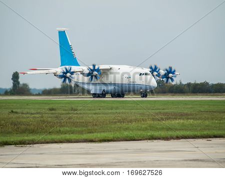 Kiev Region Ukraine - September 25 2008: Antonov An-70 turboprop cargo plane takeoff