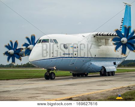 Kiev Region Ukraine - September 25 2008: Antonov An-70 turboprop cargo plane taxiing after a flight
