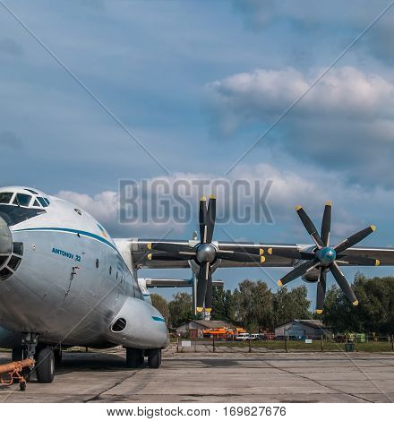 Kiev Region Ukraine - September 25 2008: Antonov An-22 turboprop cargo plane parked on the airfield