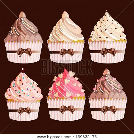Little delicious cupcakes vector illustration. Sweet cake dessert food birthday celebration cupcakes. Baked party cakes frosting cream isolated sprinkles chocolate buttercream.