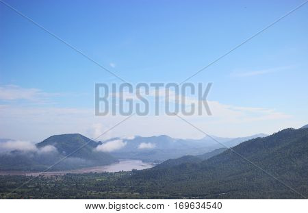Mountain range and  river  in the morning.
