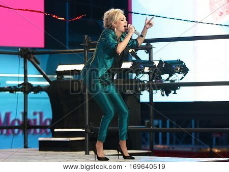 NEW YORK-DEC 31: Recording artist Carrie Underwood onstage during Dick Clark's New Year's Rockin' Eve at Times Square on December 31, 2015 in New York City.