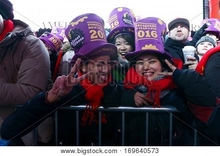 NEW YORK-DEC 31: Yuhei Mori (L), Yurio Nishikawa (C) and Yuina Yamamoto from Japan attend Dick Clark's New Year's Rockin' Eve at Times Square on December 31, 2015 in New York City.