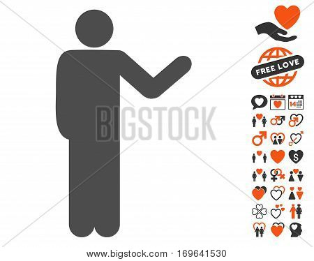 Talking Man pictograph with bonus love symbols. Vector illustration style is flat iconic symbols for web design app user interfaces.