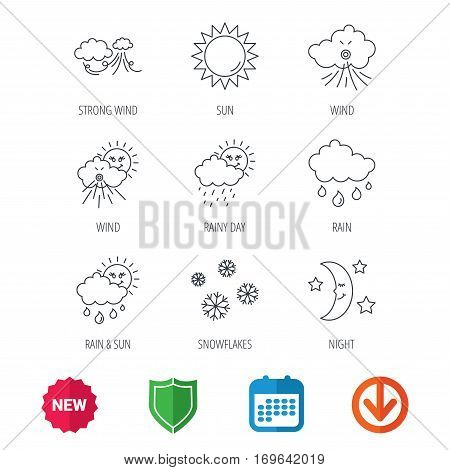 Weather, sun and rain icons. Moon night, clouds linear signs. Strong wind, snowflakes and water drops flat line icons. New tag, shield and calendar web icons. Download arrow. Vector