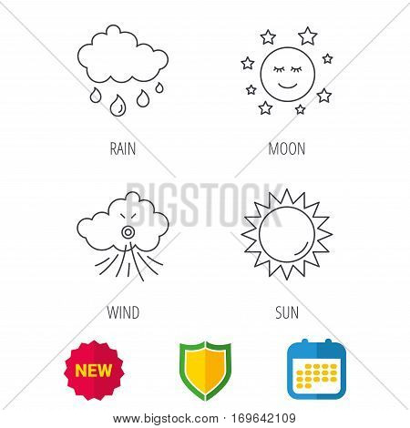 Weather, sun and rain icons. Moon night and wind linear signs. Shield protection, calendar and new tag web icons. Vector