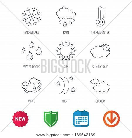 Weather, sun and rain icons. Moon night, clouds and water drops linear signs. Wind, snowflakes and thermometer flat line icons. New tag, shield and calendar web icons. Download arrow. Vector