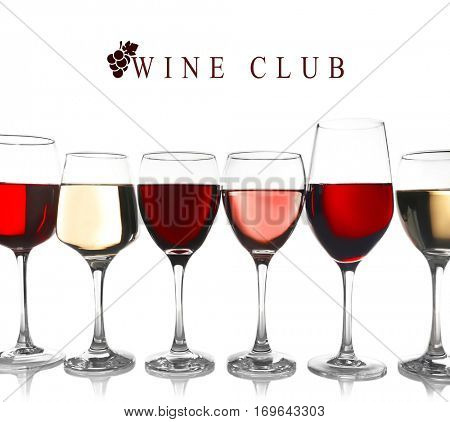 Glasses of different wine and text WINE CLUB on white background