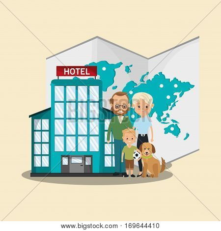hotel building icom happy family and world map. travel and tourism concept. colorful design. vector illustration