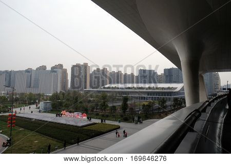 HANGZHOU - FEBRUARY 21: Cityscape and skyline of Hangzhou view from Hangzhou East railway station in Hangzhou city, China, February 21, 2016.