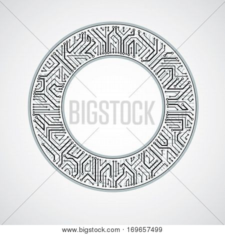 Vector circuit board circle digital technologies abstraction. Black and white computer microprocessor scheme futuristic design.