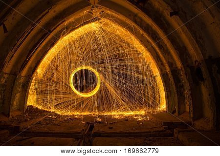 Freezelight using spinning burning steel wool and pyrotechnics in abandoned soviet military bunker