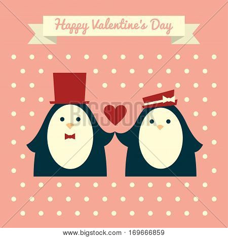 Vector retro styled illustration of a couple of penguins in red elegant hats holding hands. Pink background with polka dot pattern. Square format. Text "Happy Valentine's day" on a ribbon.