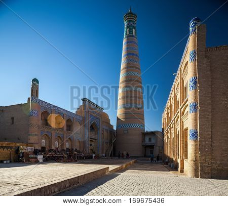 Islom Xoja complex in the city of Khiva at sunny day. Uzbekistan