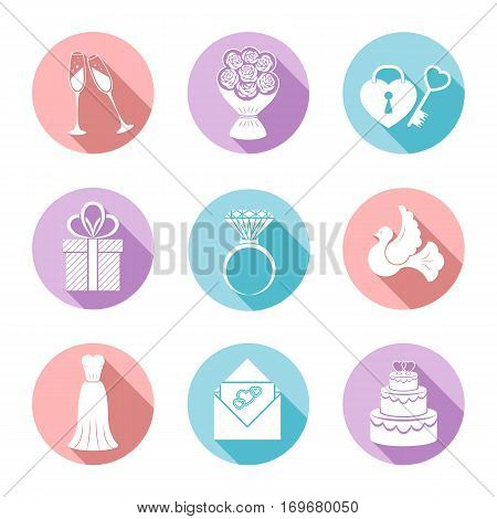 Set of nine icons on a theme wedding. In delicate tones.