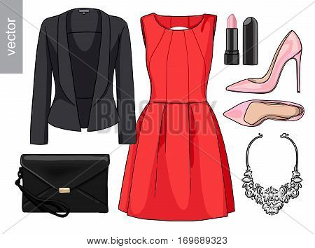Lady fashion set of spring, summer season outfit. Illustration stylish and trendy clothing. Dress, bag, accessories, sunglasses, high heel shoes. Vector.