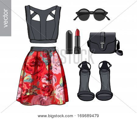 Lady fashion set of spring, summer season outfit. Illustration stylish and trendy clothing. Dress, bag, accessories, sunglasses, high heel shoes. Vector.
