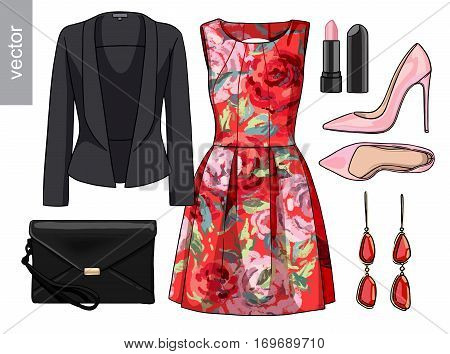 Lady fashion set of spring, summer season outfit. Illustration stylish and trendy clothing. Dress, bag, accessories, sunglasses, high heel shoes. Vector.