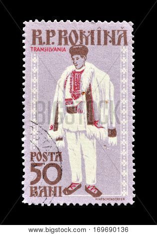 ROMANIA - CIRCA 1958 : Cancelled postage stamp printed by Romania, that shows National costume from Transilvania.