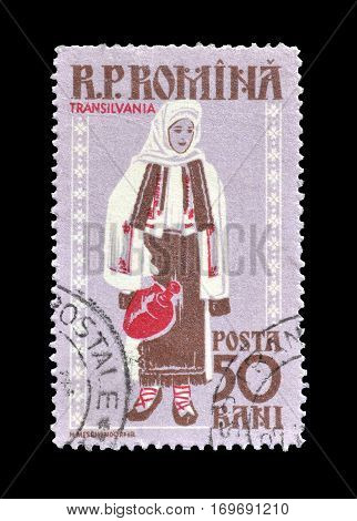 ROMANIA - CIRCA 1958 : Cancelled postage stamp printed by Romania, that shows National costume from Transilvania.