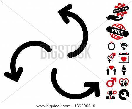 Cyclone Arrows icon with bonus decorative pictures. Vector illustration style is flat rounded iconic intensive red and black symbols on white background.