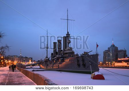 Cruiser Aurora moored in the Neva River. St. Petersburg.