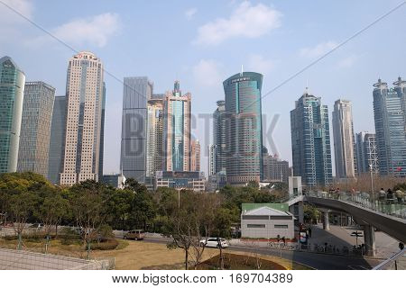 SHANGHAI - FEBRUARY 29: Lujiazui financial district skyscrapers buildings landscape in Shanghai,Shanghai Lujiazui is one of the most influential financial center of China, February 29, 2016.