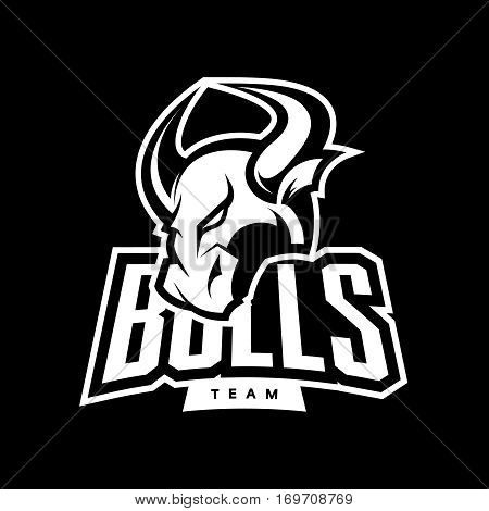 Furious bull sport mono vector logo concept isolated on dark background. Web infographic professional team pictogram.Premium quality wild animal t-shirt tee print illustration.