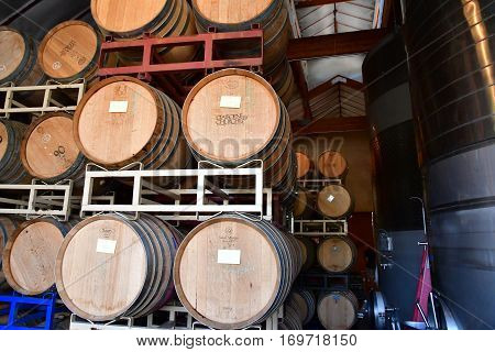San Luis Obispo USA - july 15 2016 : barrel in the cellar of the Claiborne and Churchhill winery