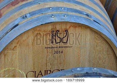 San Luis Obispo USA - july 15 2016 : barrel in the cellar of the Claiborne and Churchhill winery