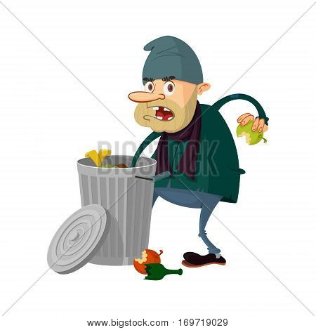 Homeless searching food in trashcan vector illustration