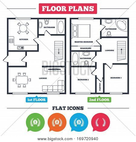 Architecture plan with furniture. House floor plan. Laurel wreath award icons. Prize for winner signs. First, second and third place medals symbols. Kitchen, lounge and bathroom. Vector