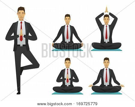 Yoga man poses illustration. set meditation logo flat design. sitting, meditator business man. resting person vector.