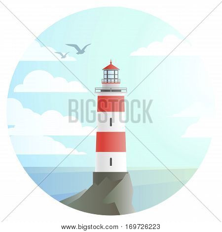 vector lighthouse with beautiful landscape of ocean round icon. flat house tower with sea and sky symbol, cartoon style illustration. seaside build sign design.