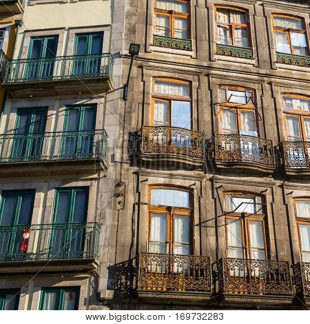 Facades in the center of Porto, Portugal.