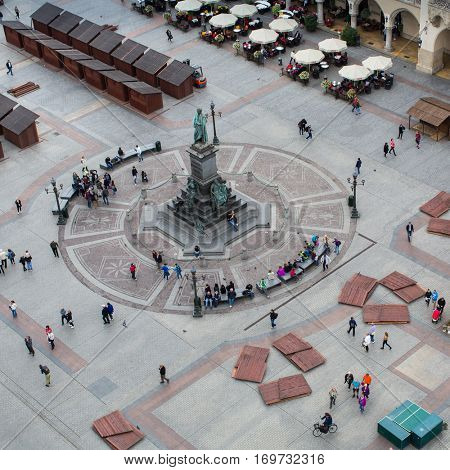 KRAKOW, POLAND - SEP 20, 2016: Top view of a historic buildings in the Old Sity. Krakow has been awarded a number of top international rankings such as the 1st place in the Top city-break destinations